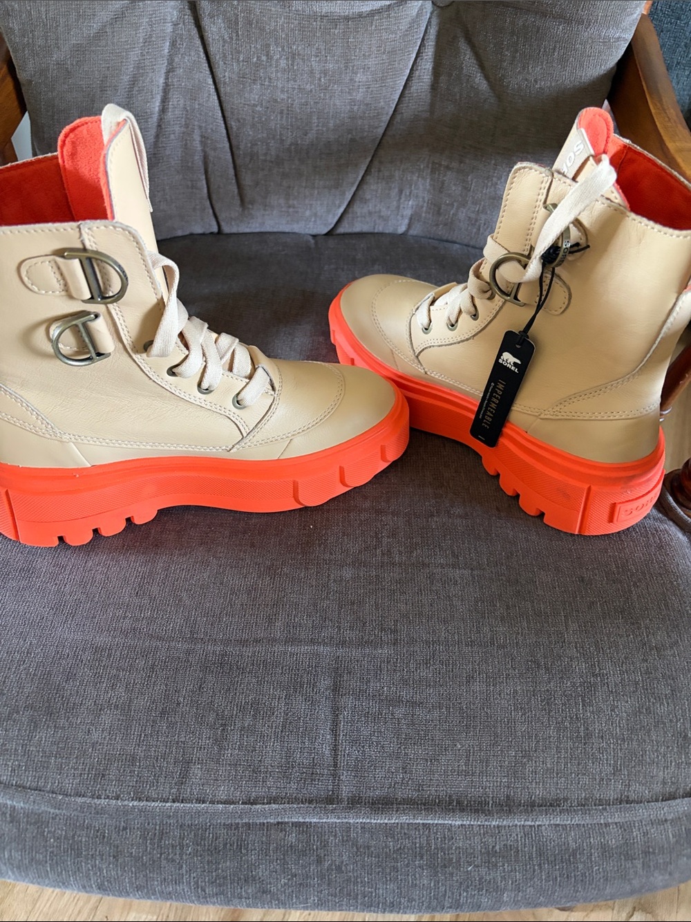 Sorel Cream & Orange Lace-Up Platform Combat Boots